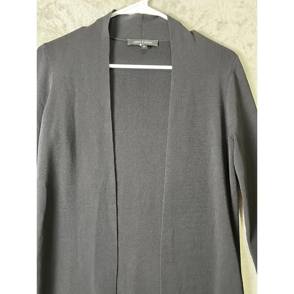 Judith & Charles Black Open Front Knit Cardigan Minimalist Pockets Office Career